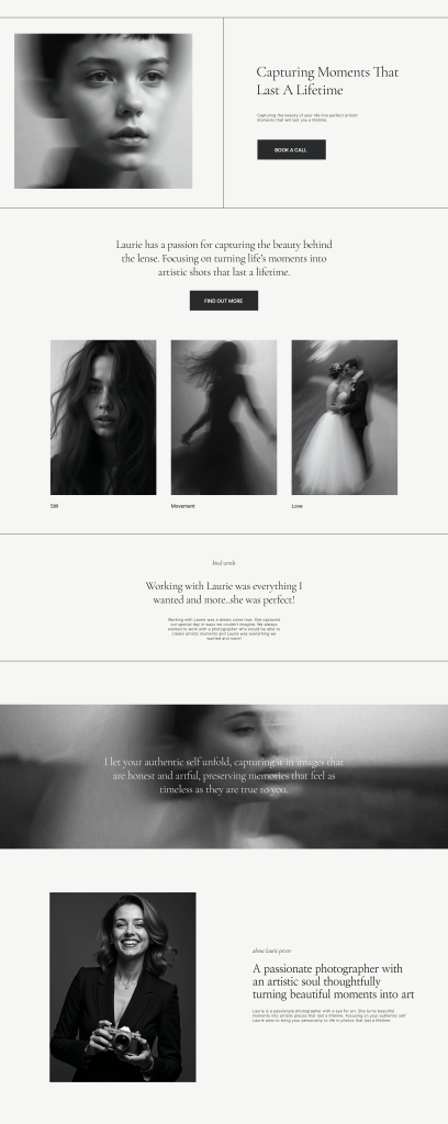 black and white website design for photography studio