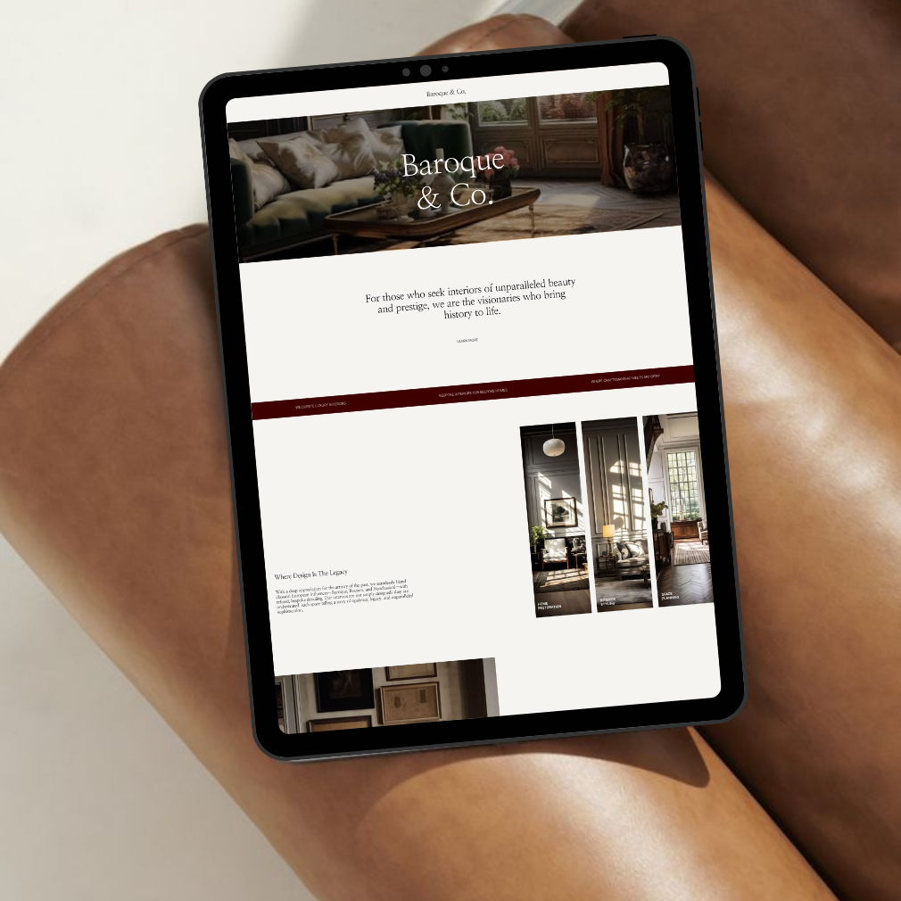 modern website design for interior design website on a tablet on a brown leather sofa